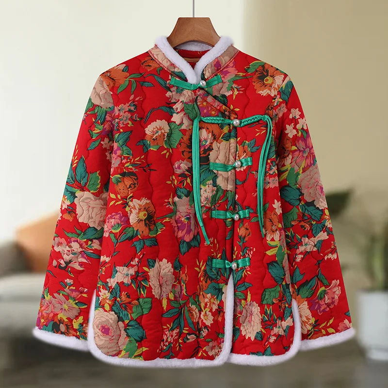 Winter floral padded jacket foreign style women's autumn and winter padded jacket retro buckle China Northeast flower