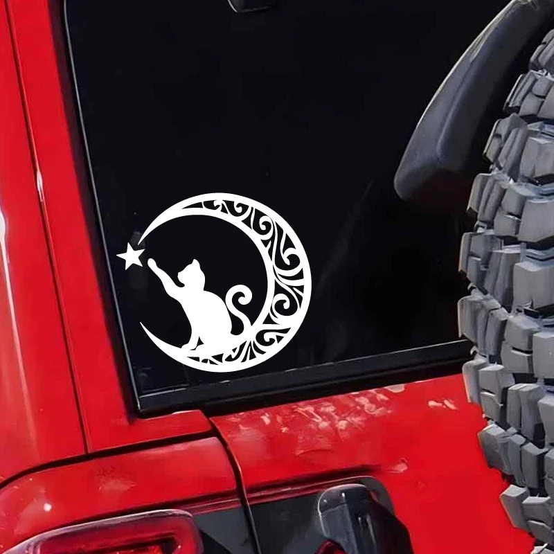 Crescent Moon Cat Star Decal, Waterproof Vinyl, Cute Mystical Trendy Custom Sticker for Car Window Laptop Tumbler Hard Surfaces