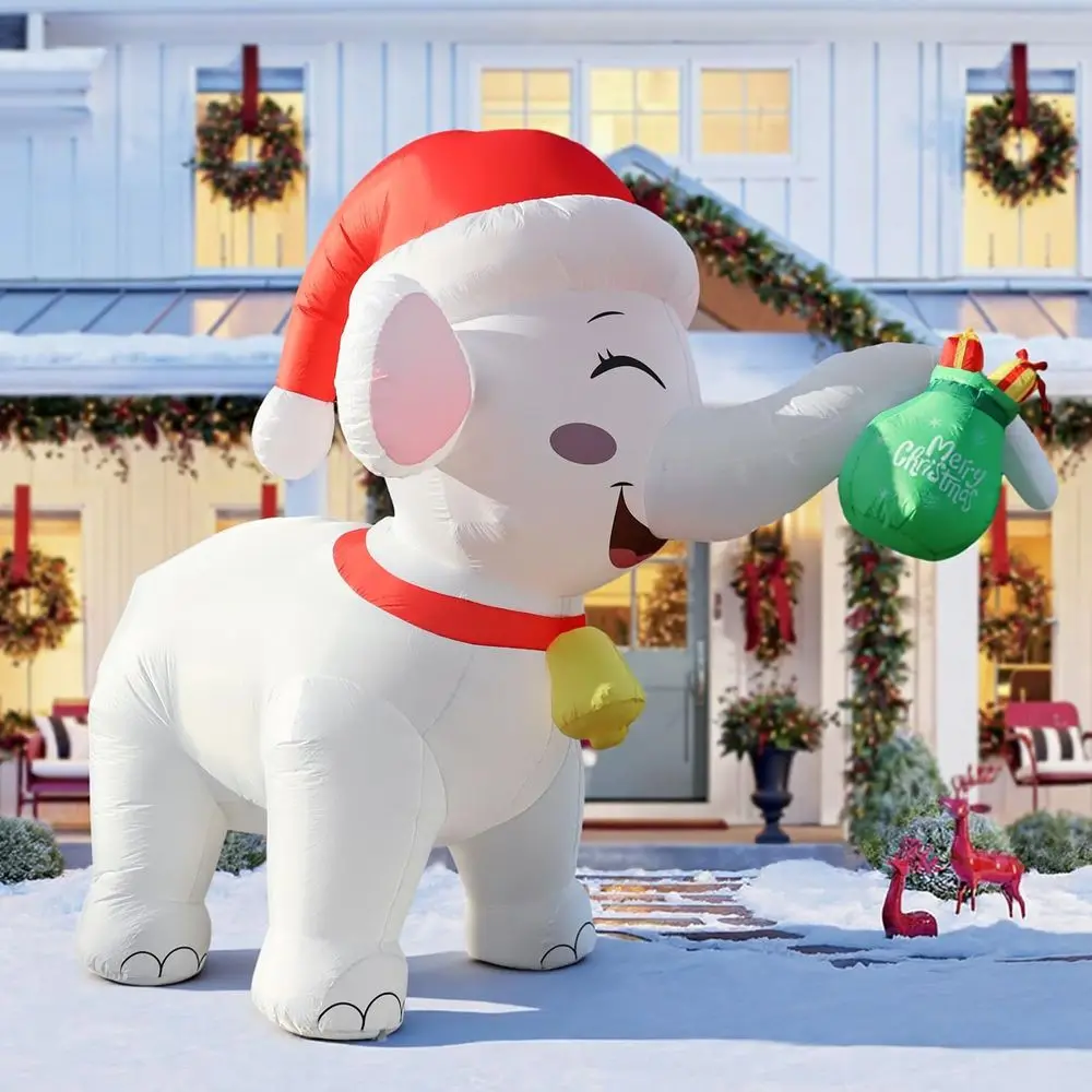 11-Foot White Elephant Christmas Inflatable with Gift Box, LED Lights, Outdoor Holiday Decor for Party Yard Lawn