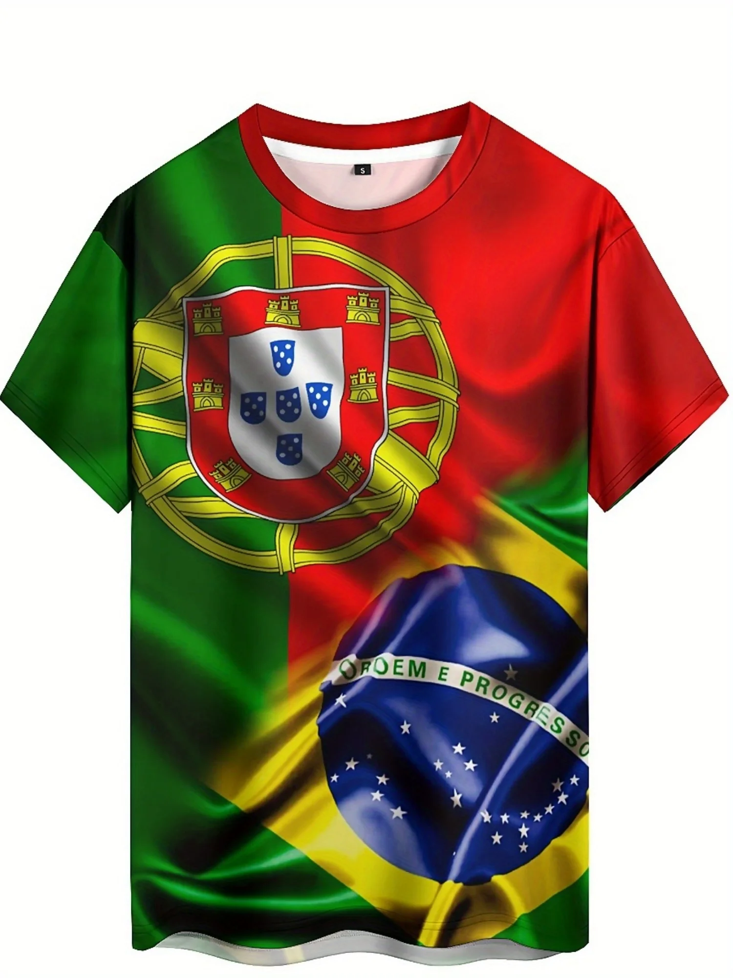 メンズ＆レディース ブラジル国旗カラーTシャツ - ポルトガル＆ブラジル国旗デザイン入り滑らかポリエステル生地Tシャツ