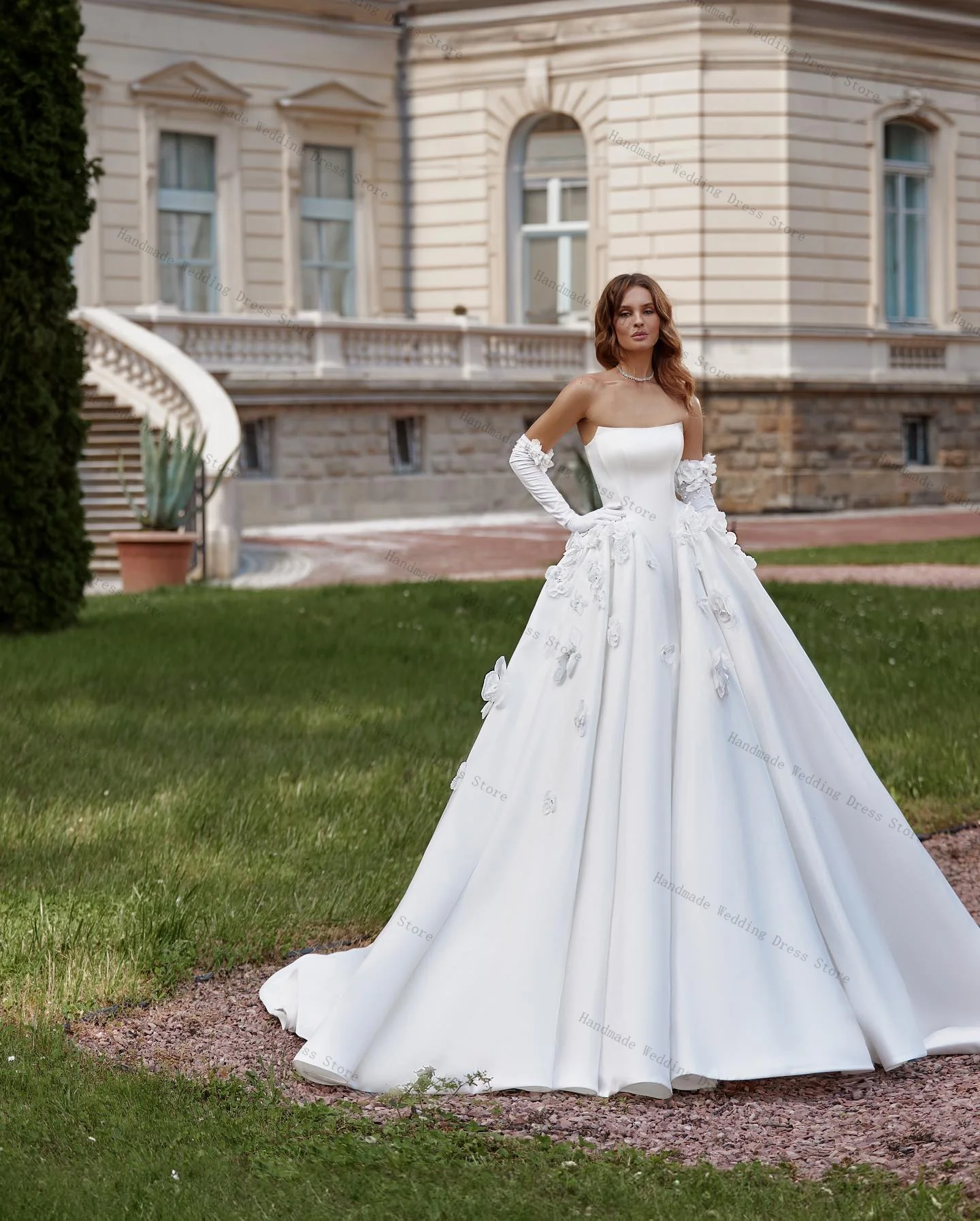 

White A Line Women Wedding Dress With Detachable Sleeves Sexy Strapless 3D Flower Beaded Bridal Evening Gown Customized Robe