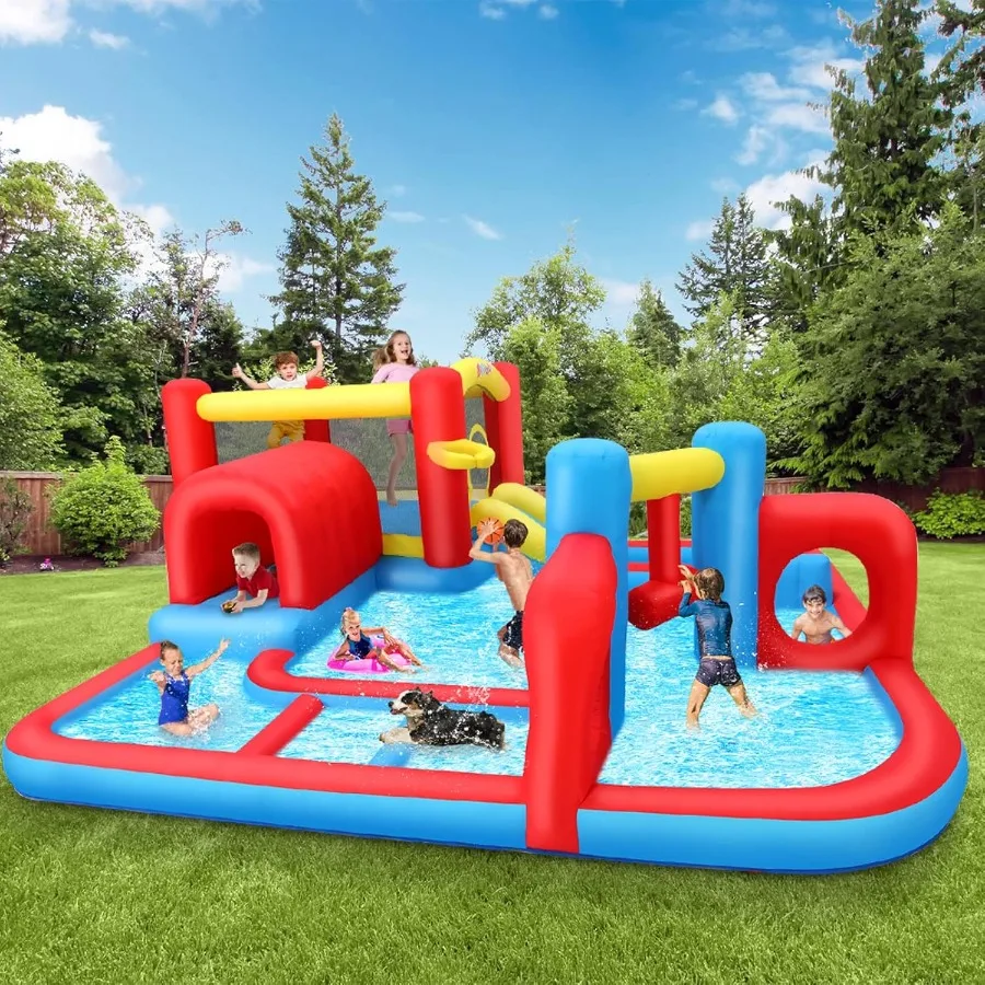대형 물 미끄럼틀, 뒷마당용 풍선 놀이터, 대형 수영장 장애물 코스가 있는 실내외 물놀이공원