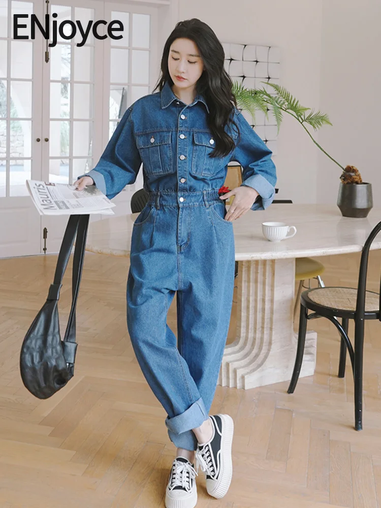 

2024 Spring Women High Waist Denim Jumpsuits Streetwear Korean Fashion Streetwear Overalls Romper Jeans Bodysuit Playsuits