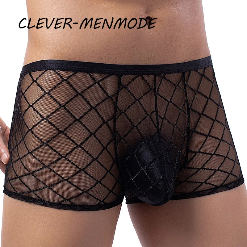 Men\'s Sexy Transparent Lace Panties Fishnet Sheer Boxer Shorts Breathable Low Rise Lingerie Exotic Costume Mesh Outfit