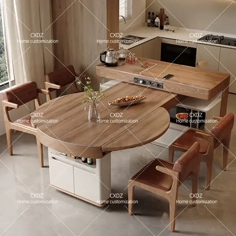 Multifunctional Cream Wind Solid Wood Travertine Rock Slab Island Dining Table Integrated Retractable Folding Square and