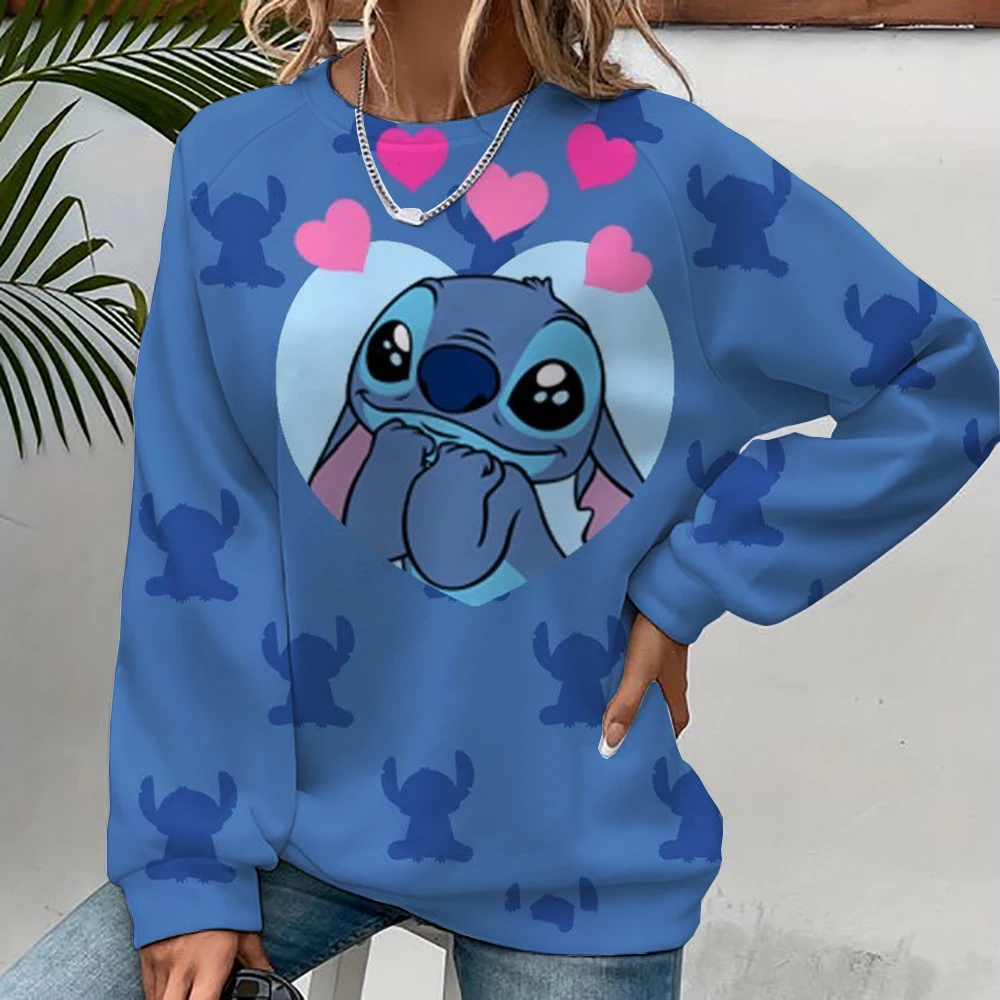 

Autumn Fun Print Long Sleeve Top 2024 New Cartoon Disney Cute Lilo & Stitch Ladies Sweatshirt Crew Neck Loose Pullover