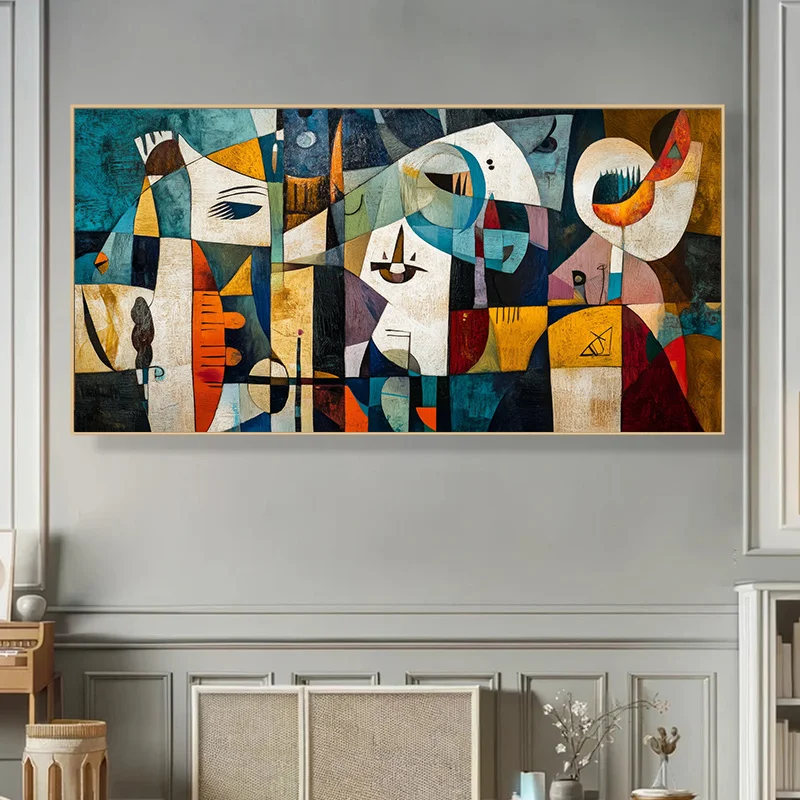 Abstract Frameless Modern Abstract Colorful Bohemian Geometric Patchwork Wall Art Featuring A Human Face Retro Canvas Poster