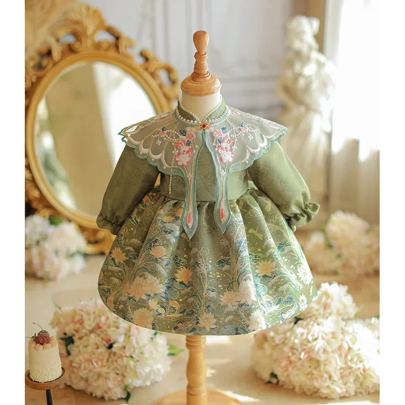 

2025New Style One-Year-Old Girl's Festive Shawl Baby Birthday Celebration Tang Suit Crown Dress Formal Dress
