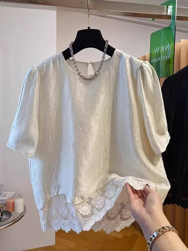 

Faionable Heavyweight Lace Patchwork круглый свободный топ Ne irt Bubble Sve для лета, повседневный женский топ премиум-класса