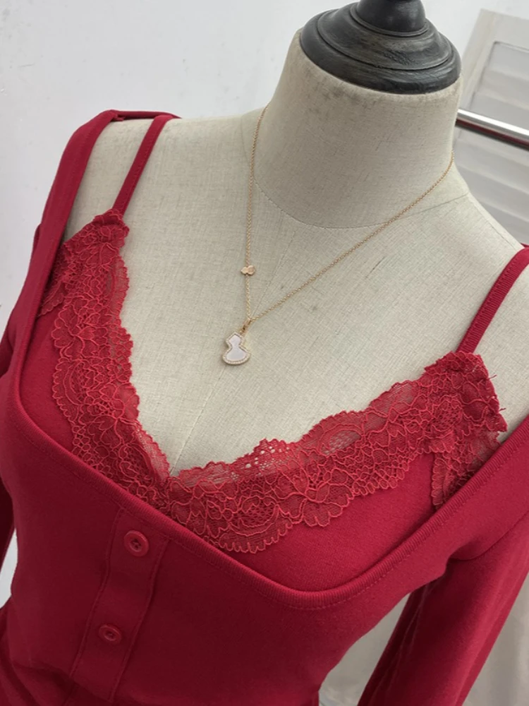 Y2k Solid Fake Two Piece Patchwork Square Collar Long Sleeve Button Slim Knitted Ropa Mujer