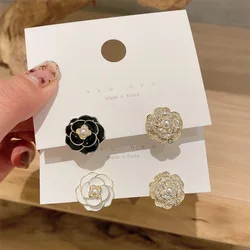 Luxury Camellia Stud Earrings White Black Metal Asymmetrical Lady Flower Earrings Simple Cute Ear Jewelry For Girl Friends Gift