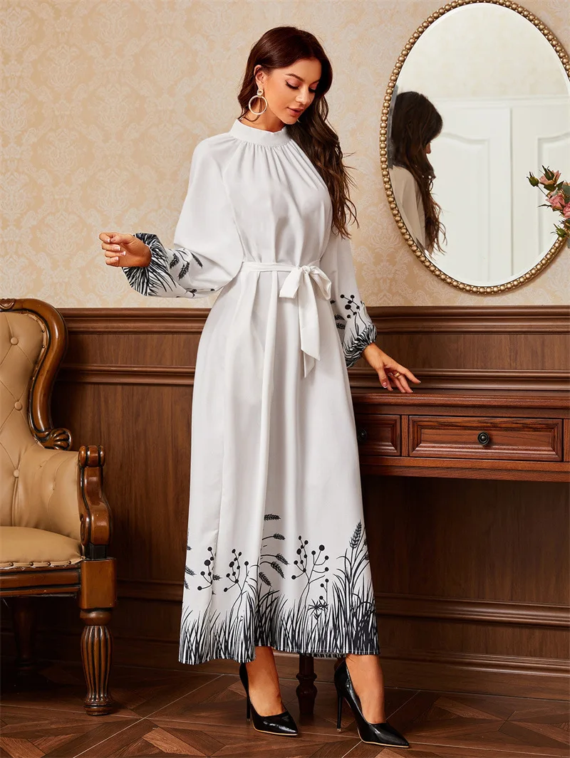 Long Dress for RamadanTurkiye Middle East Islamic Dubai Arab Robe White Printed Belt Round Neck Pullover Long Dress Spring Autum