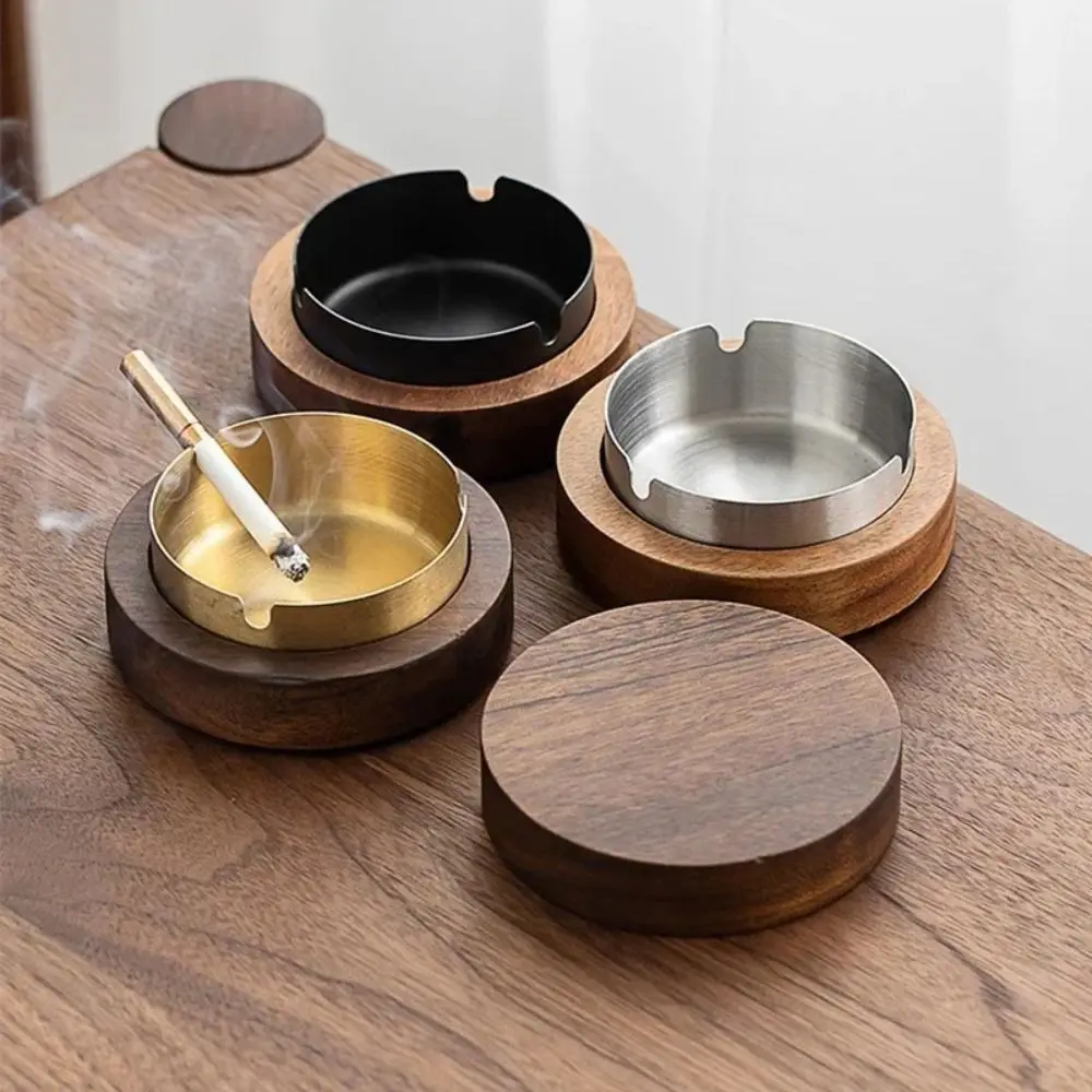 Walnut Wood Ashtrays With Lid Covered Windproof Ashtray With Stainless Steel Liner Indoor Outdoor Ash Tray