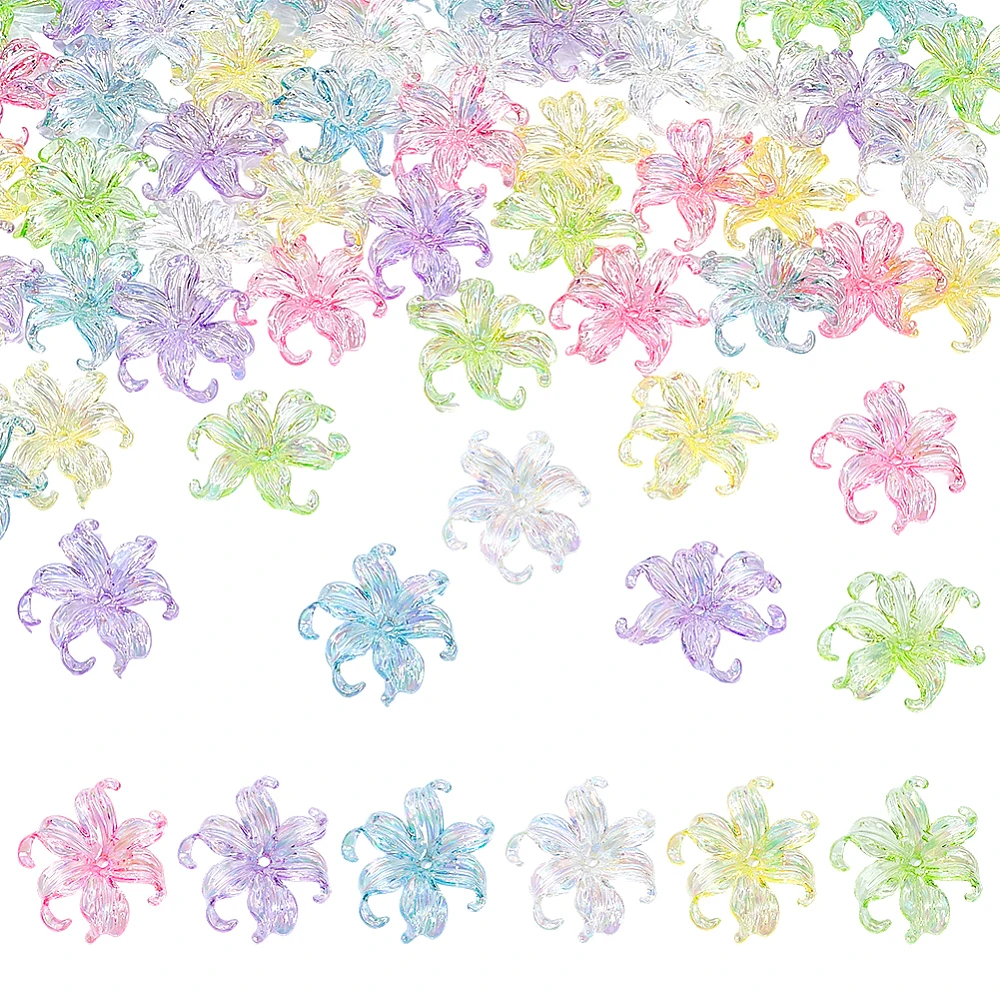 60pcs Resin Trumpet Bell Flower Beads AB Color Lily Beads 1.7 inch Transparent Acrylic Flower Charms Bulk for Jewelry Making