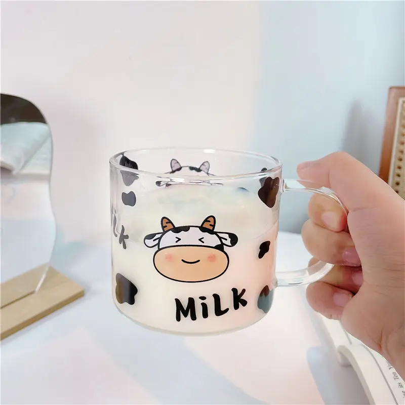 1 pc 400ml 13.5OZ High Borosilicate Beautiful Mugs Glass Cup with Cow Pattern with Spoon Cover Lid for Student Dormitory drink