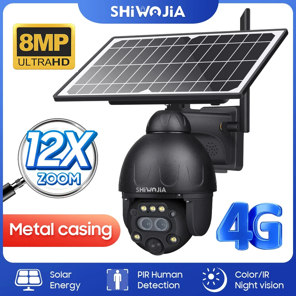 

SHIWOJIA 4G SIM Solar Camera 8MP 12X ZOOM Solar Powered Security Camera Surveillance WIFI PIR Human Monitor Solar Battery Camera