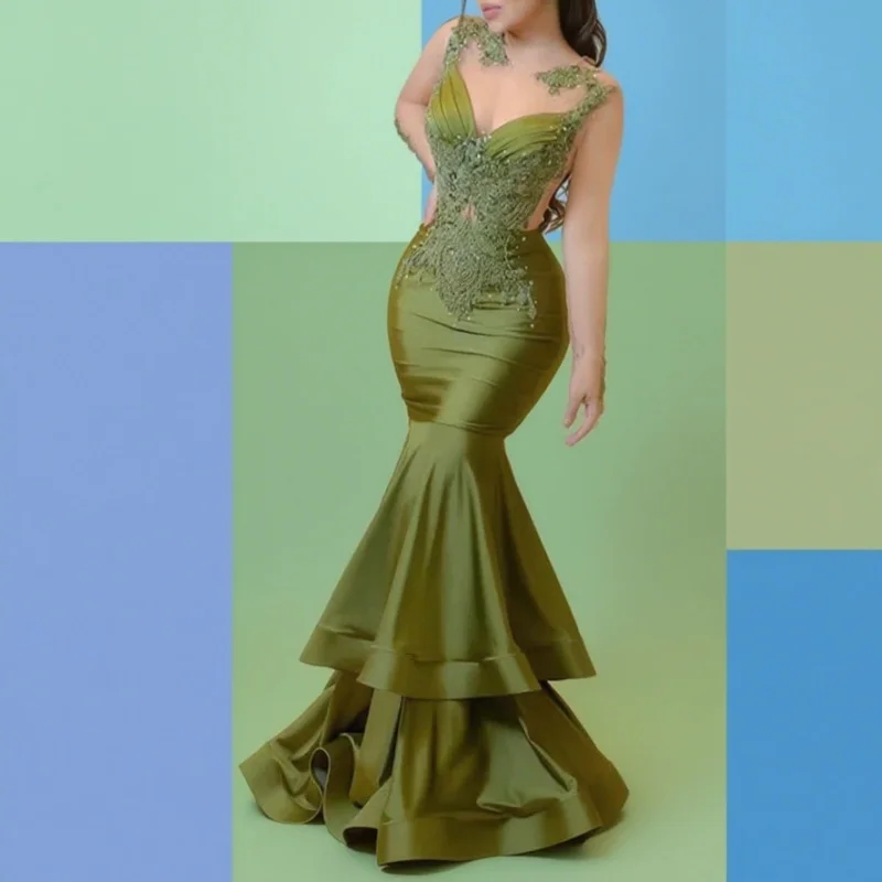 

Mermaid Prom Evening Dresses Appliques Beadings Satin Night Dress Saudi Arabia Cocktail Party Prom Gown Customize