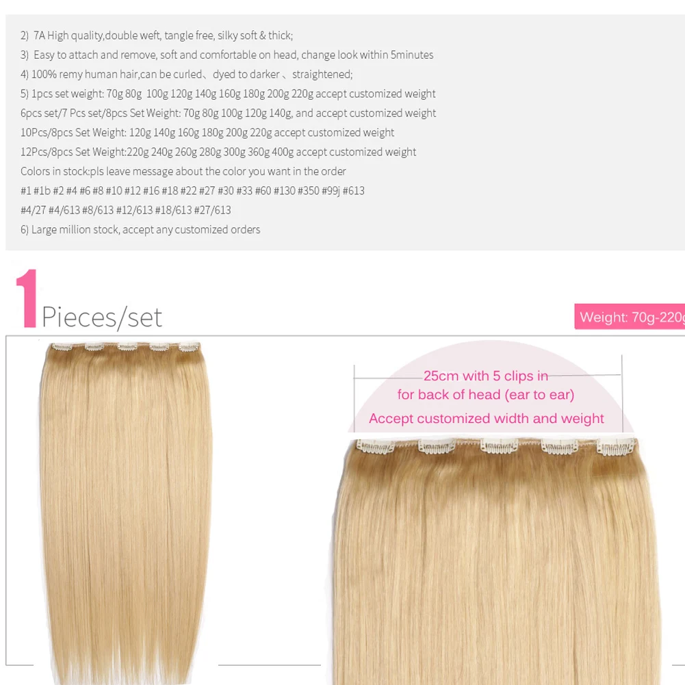 Chocola Estensioni dei capelli umani brasiliani al 100% di Remy 16 "-26" 1 pz 140 g 160 g Set di un pezzo con 5 clip in dritto naturale senza pizzo