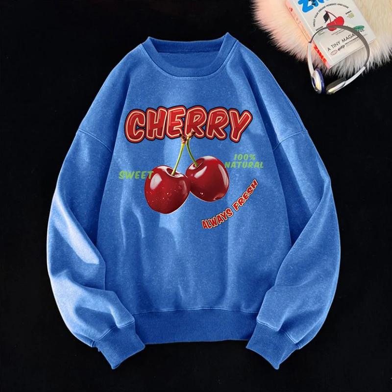 Sweet Cherry Washed Sweatshirts Women Fresh Fruits Printing Hoodies Oversized Crewneck Cotton Clothes Casual Womans Pullover