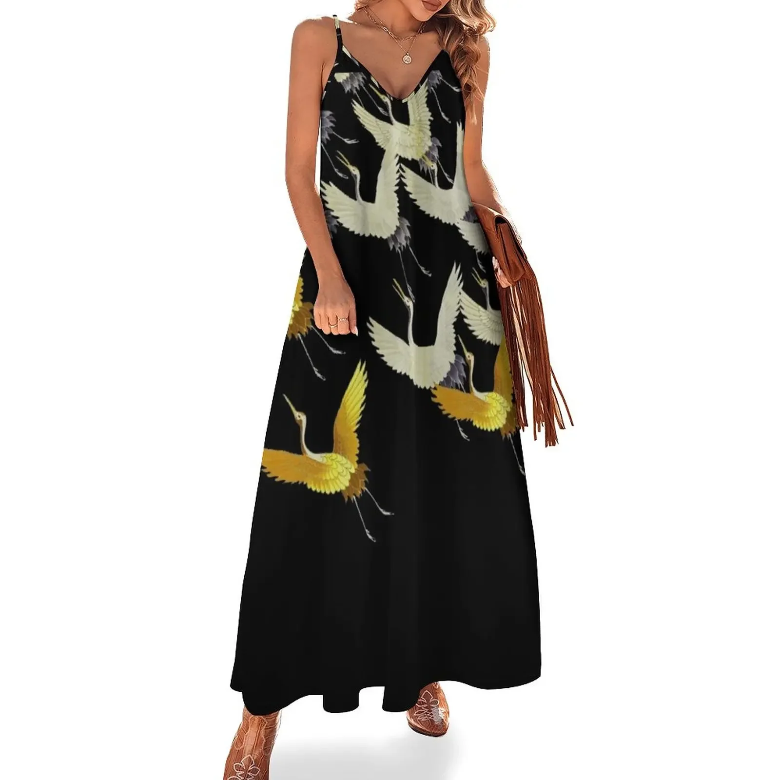 

GOLD YELLOW WHITE FLYING CRANES IN BLACK Japanese Pattern Sleeveless Dress Woman fashion elegant and pretty women's dresses