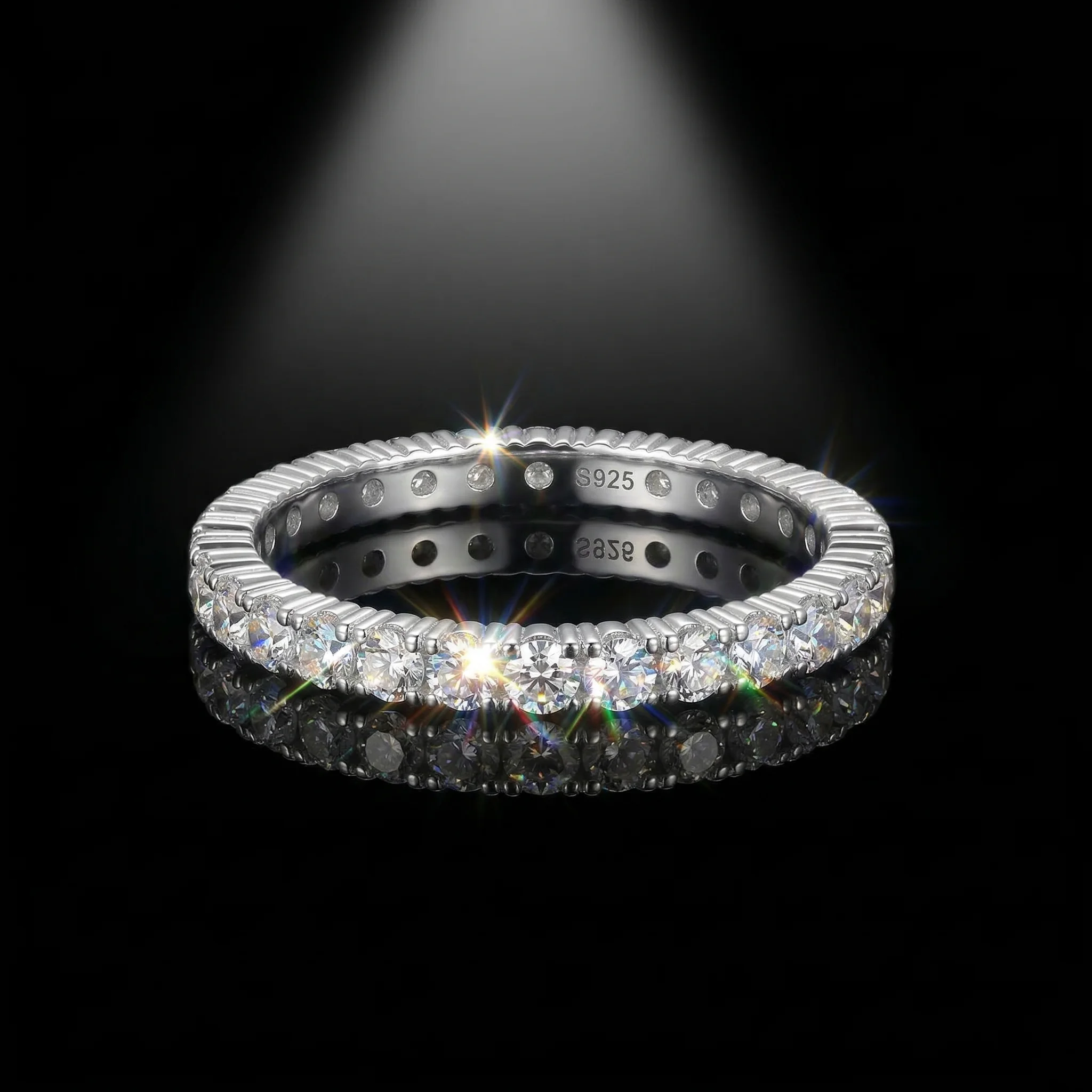 

Full Eternity Moissanite Ring, 925 Sterling Silver, D Color VVS1, Full Pave Setting, Daily Stackable, Women's, With Certificate