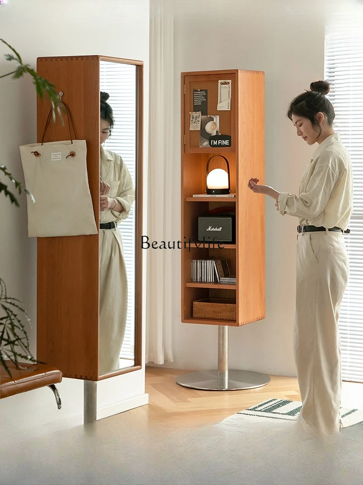 

Solid Wood Full-Length Mirror Cherrywood Floor Rotating Dressing Mirror Japanese Bookshelf Storage Magazine Cabinet