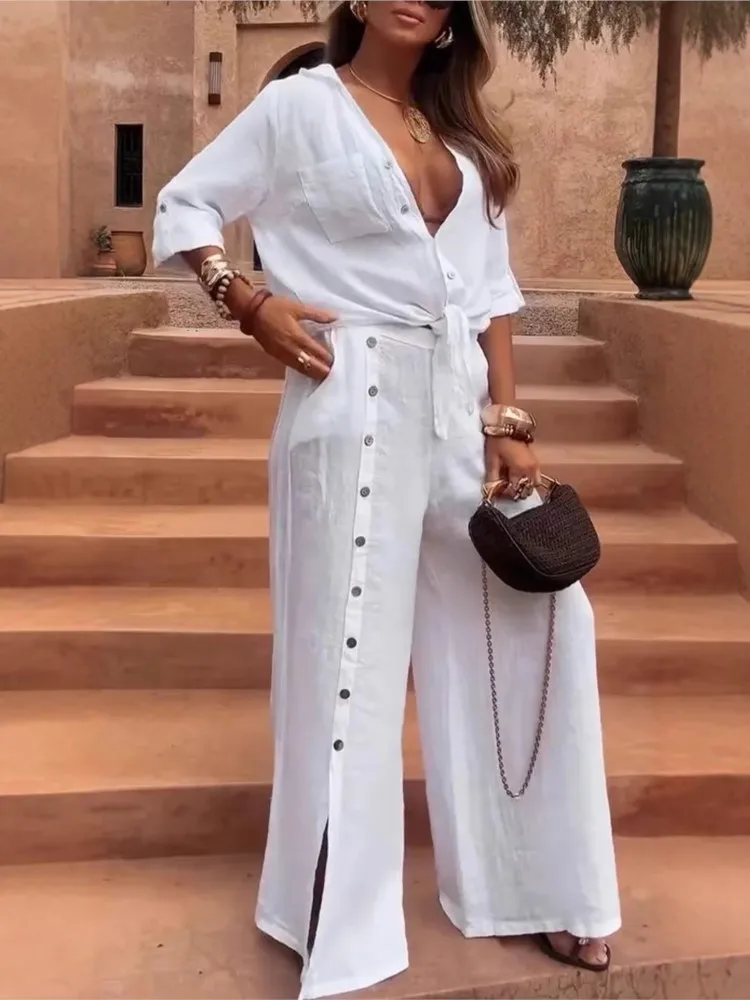 

2025 New Women's Casual Loose Long-sleeved Large-size Women's Suit Fashionable Solid Color Cardigan Top Wide-leg Pants Suit