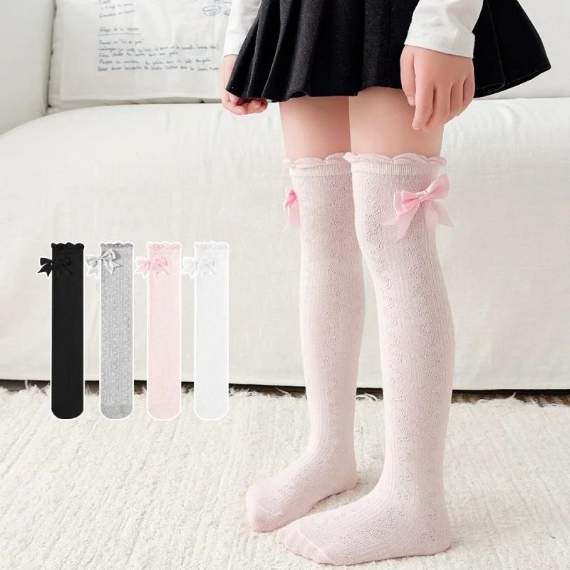 Lange Röhrensocken für Mädchen, Frühling/Sommer, dünne, gewellte Kniestrümpfe aus Baumwolle mit Schleife, süße Prinzessinnenstrümpfe – Detail 3
