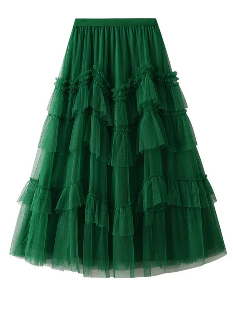 

Women Tulle Long Skirt 2024 Spring Summer Fashion Tiered Mesh A Line High Waist Pleated Maxi Female Green Khaki Z574