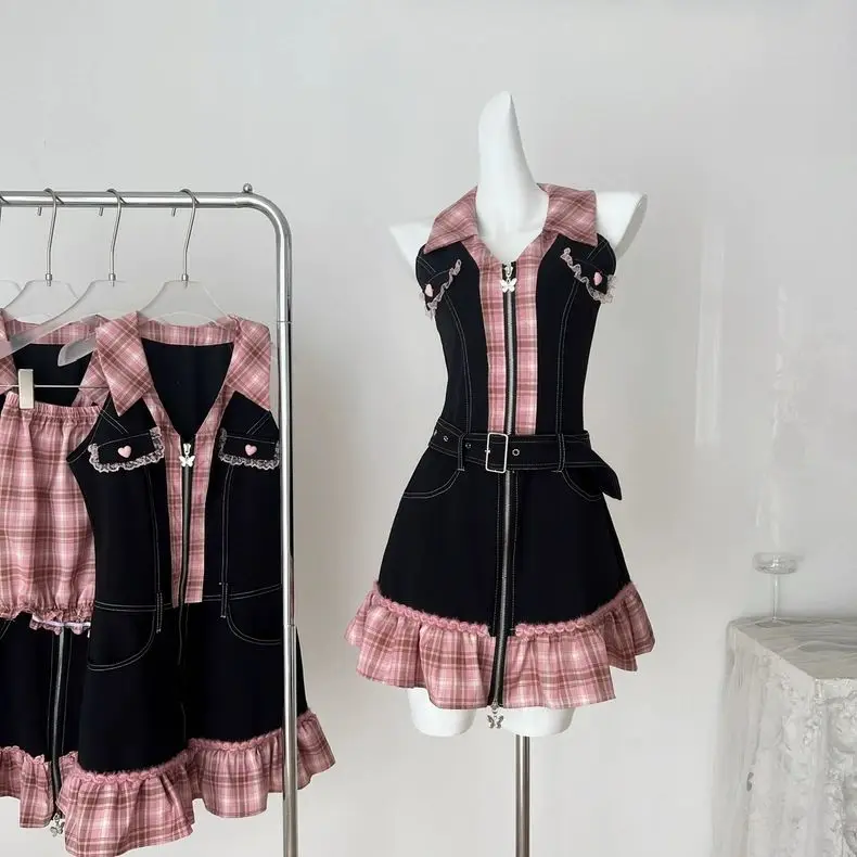 ร้อนหวาน DENIM กระโปรง Slim Goth ชุดสตรี Y2k แขนกุด Punk VINTAGE Harajuku เกาหลีลาย 2000s Camis Grunge Emo แฟชั่น