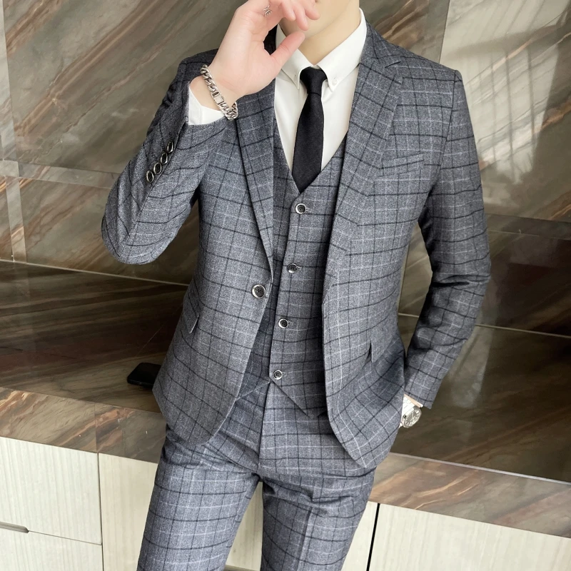 High-quality cotton texture (suit + vest + trousers) Wedding suit men\'s fashion business trend boutique casual plaid suit three-