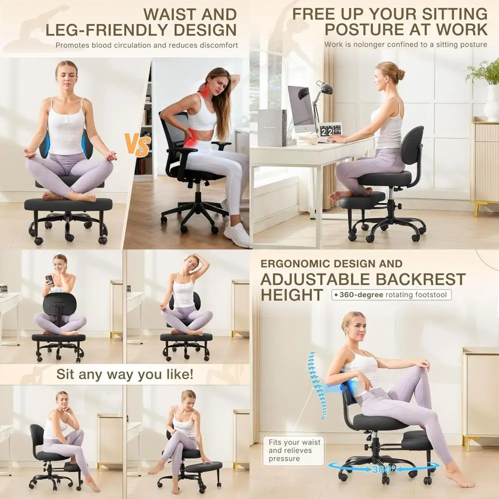 كرسي مكتب مريح بأرجل متقاطعة مع عجلات - كرسي ركوع بارتفاع قابل للتعديل لـ ADHD والتأمل واليوجا - كريسس كروس