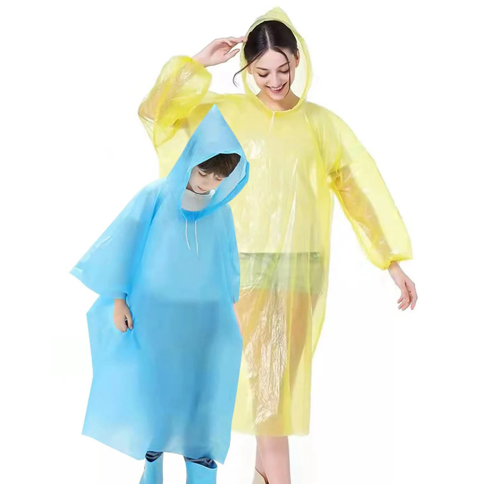AT21-Ponchos Family Pack,Rain Poncho For Adults Kids Disposable Or Reusable Ponch Rain Ponchos With Drawstring Hood 5 Pack