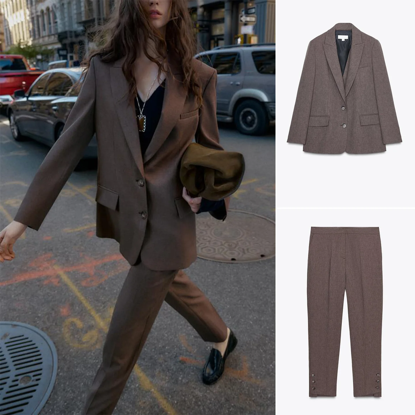 

Женский костюм-двойка: пиджак с разрезом и брюки прямого кроя, с длинными рукавами, отложным воротником, повседневный, осенний стиль