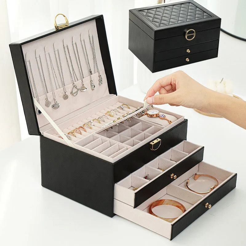 Light luxury three-layer large-capacity multi-functional jewelry storage box jewelry bracelet earrings ring