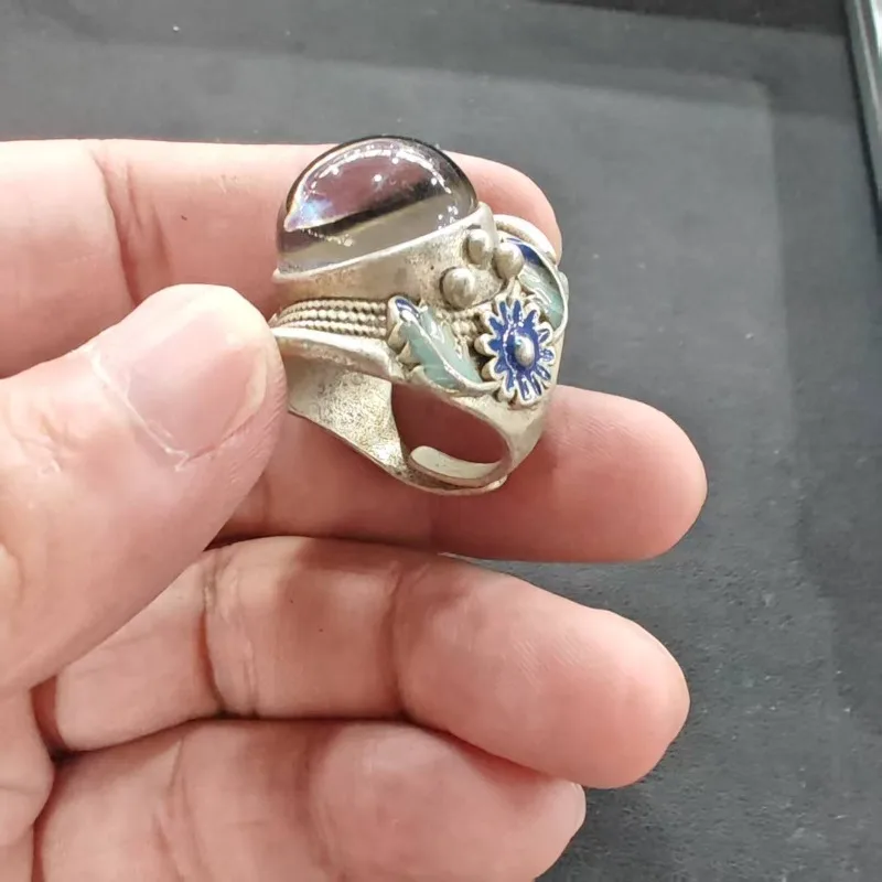 Vintage Oriental Braided Enamel Ring Unisex Tribal Large Round Blue Imitation Gem Inlaid Adjustable Party Finger Decor Ornament
