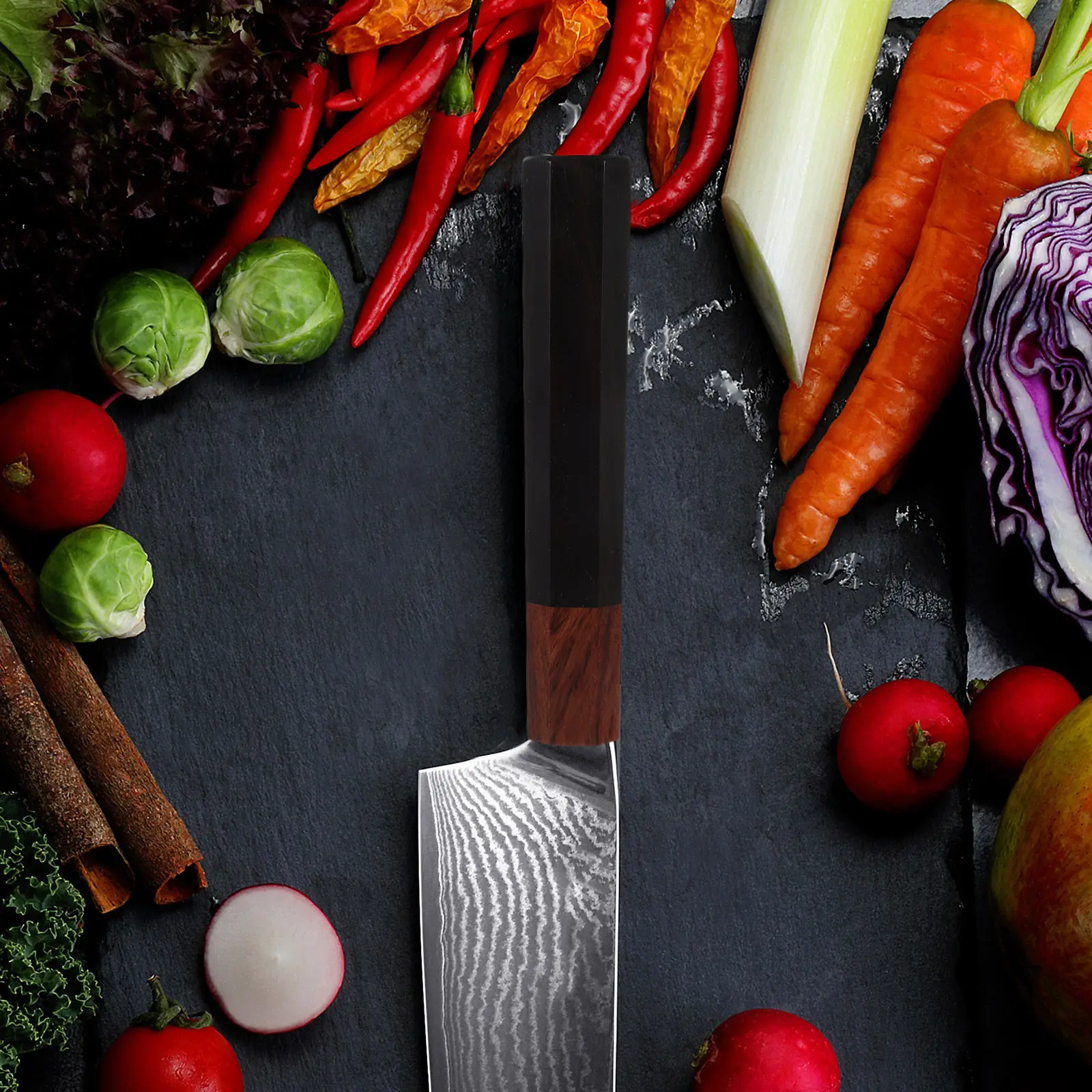 Cuchilla de Chef Japonesa con Mango de Repuesto, Cuchillo de Cocina Pequeño con Mango Octogonal de Madera de Ébano para Reparación y Restauración