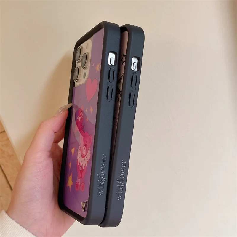 Funda de teléfono Wildflower 3D con bonito dibujo de leopardo y cereza para iPhone 15 14 13 Pro Max 12 16 Pro WF, funda a prueba de golpes con bonito oso de ensueño