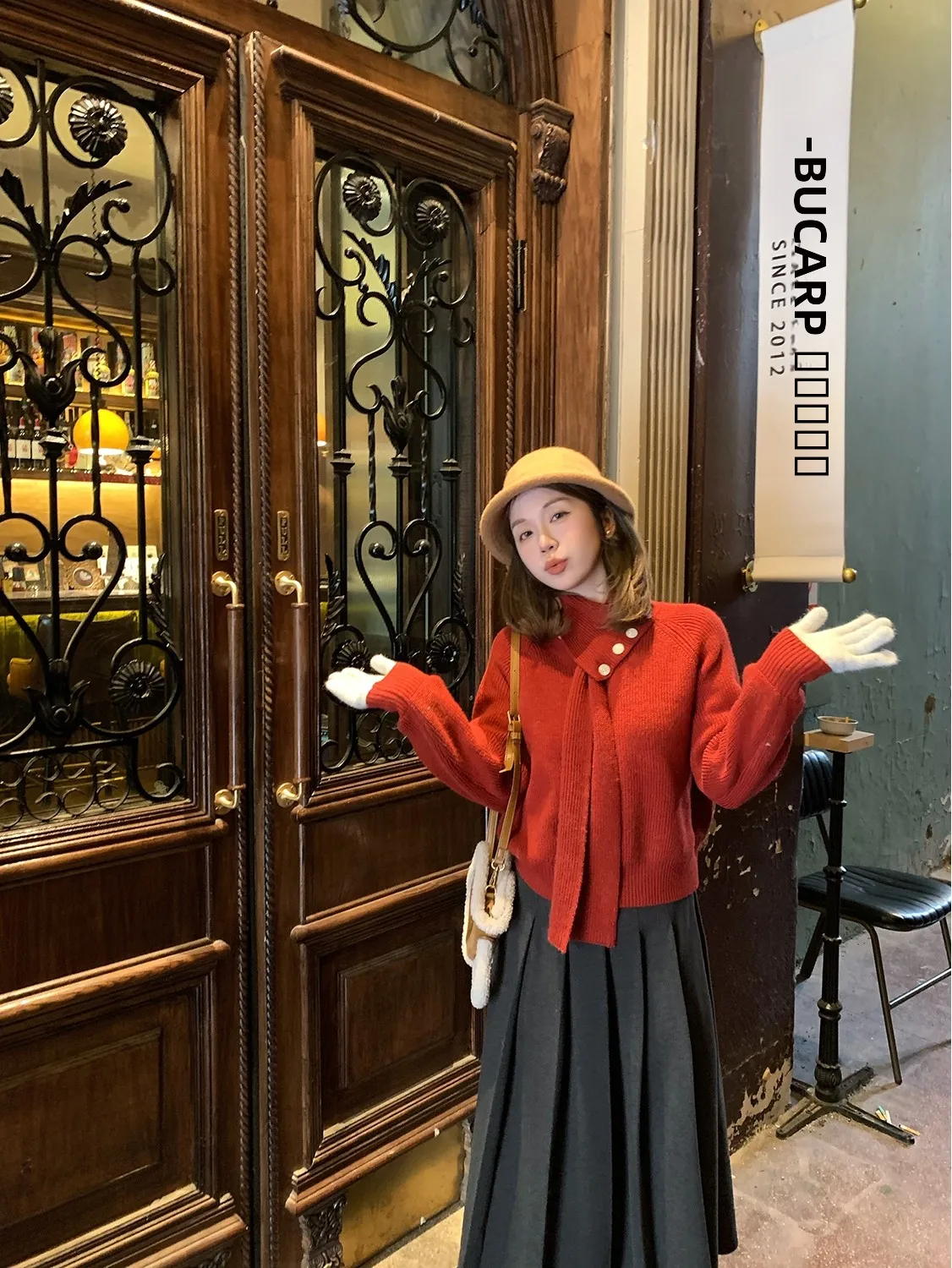 

Warm Woolen Cisas Sweater with Scarf Red Color Women's Winter Faionable Knitted Thiened round Ne Top by Chen Wenwen