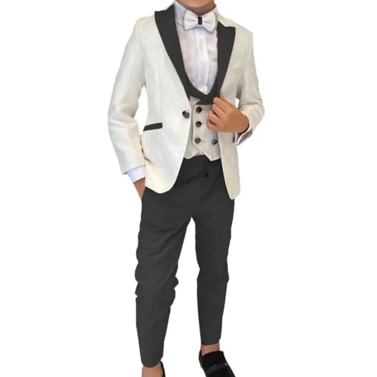 Boy Suits Costume Child Ivory Jacquard Jacket Sets Flower Boys Formal Party Suit Kids Wedding Suits Tuxedo (jacket+vest+pants)