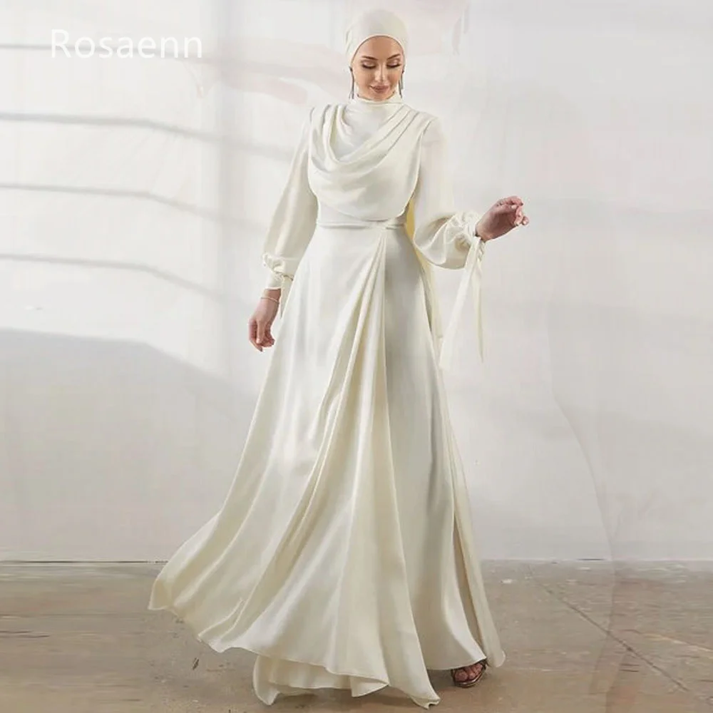 

Muslim Elegant A-line High Collar Wedding Dresses 2023 New Design Satin Bride Gown Floor Length Draped Pleat robe de mariée