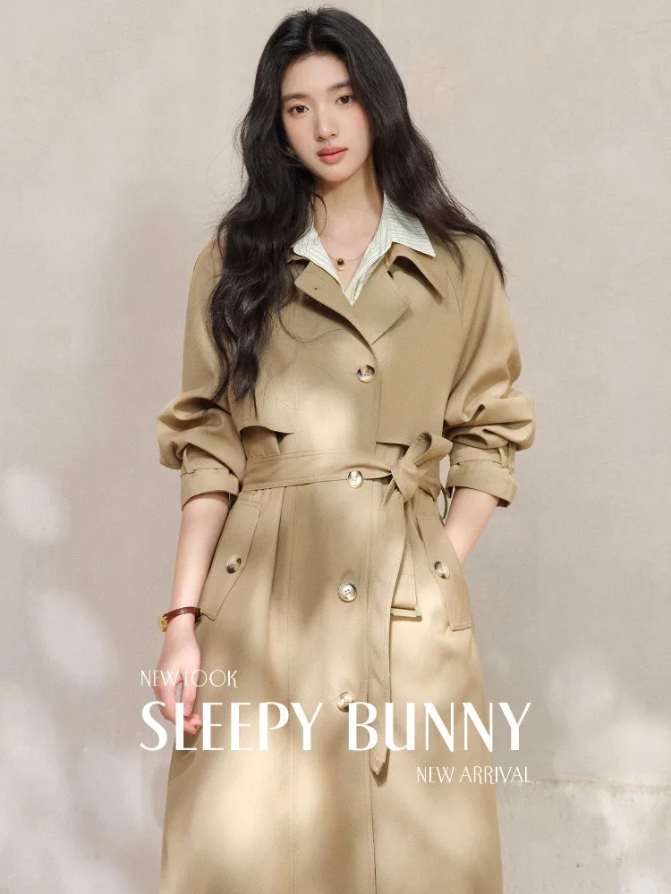 

Women Trench Coat British Style Lapel Belted Long Coat Single Breasted Windbreaker Elegant Loose Fit Mid Length Spring Outerwear
