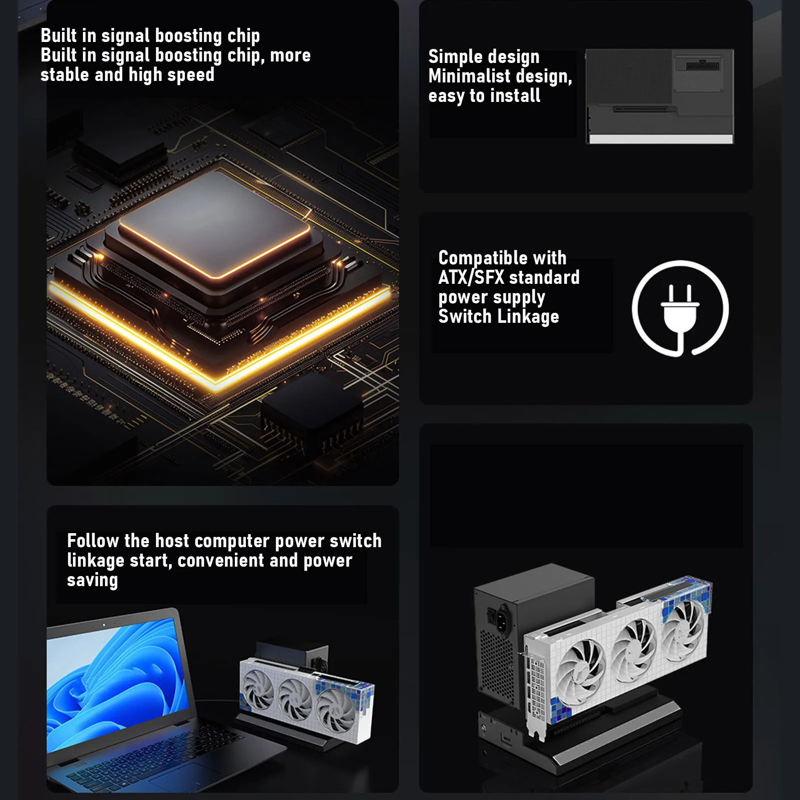 GPU Enclosure ATX SFX Support Black PCIE X16 Aluminum Alloy External GPU Dock Station 64Gbps Fast Data Transfer for Gaming