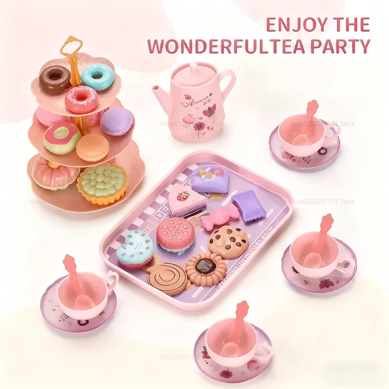 Juego de simulación de tiempo de té de la tarde para niña pequeña, juguete de cocina con postres falsos, Donuts, galletas y taza de té, regalo de juego de rol de princesa