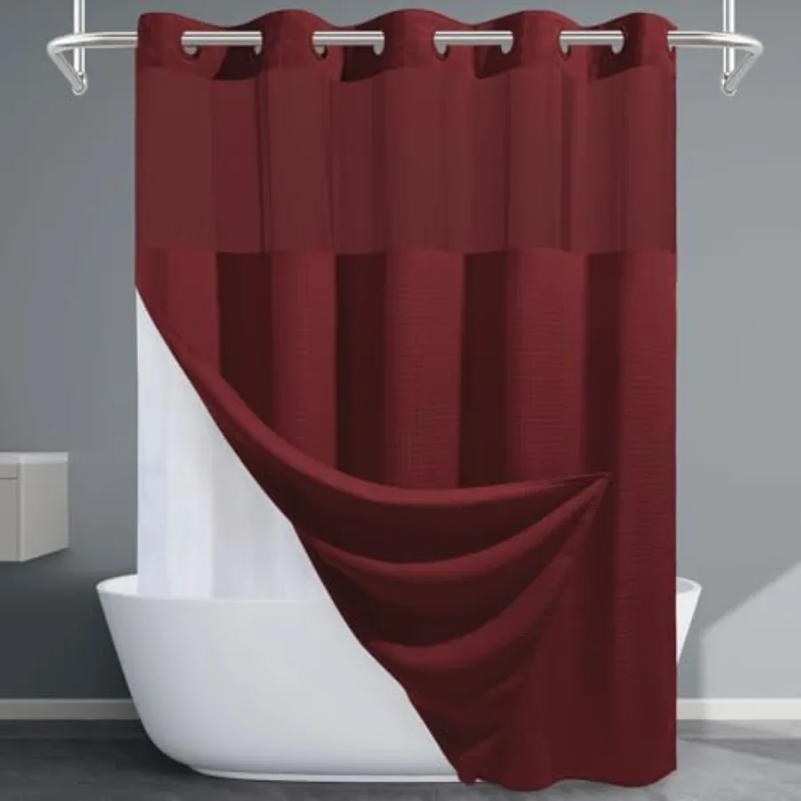 

Burgundy No Hook Shower Curtain with Snap in Liner230GSM Waffle Weave Shower Curtains for Bathroom 71W x 74H