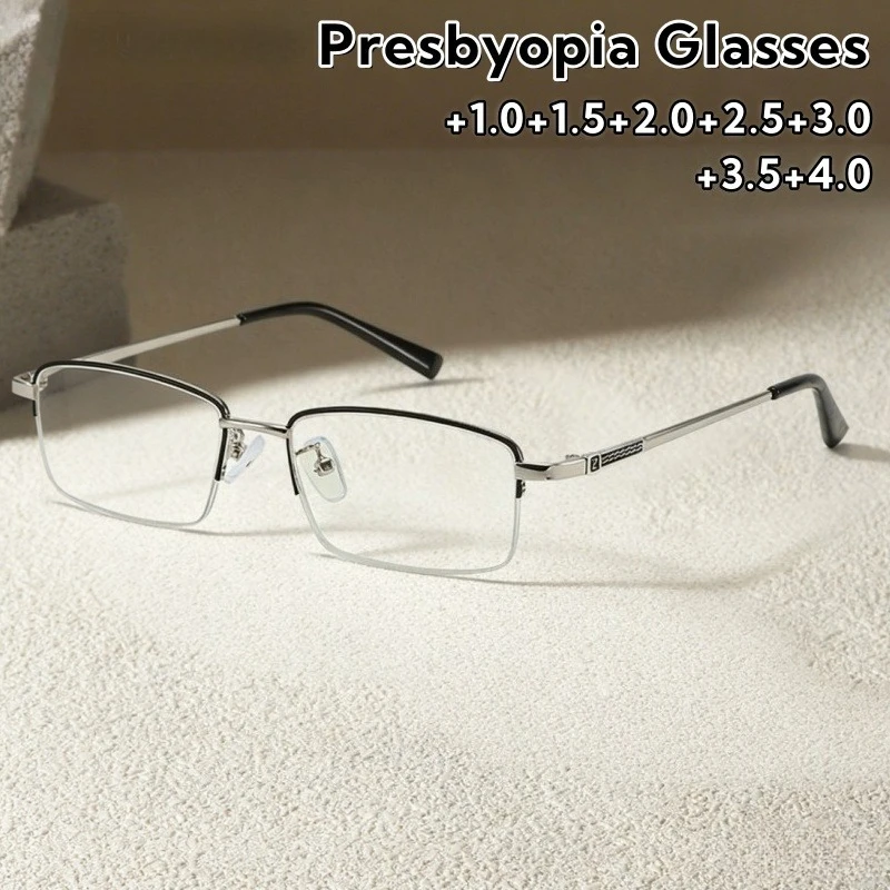عالية الجودة الأعمال المعادن نصف إطار نظارات للقراءة مكافحة الضوء الأزرق عالية الوضوح قصر النظر الشيخوخي النظارات + 1.0 إلى + 4.0