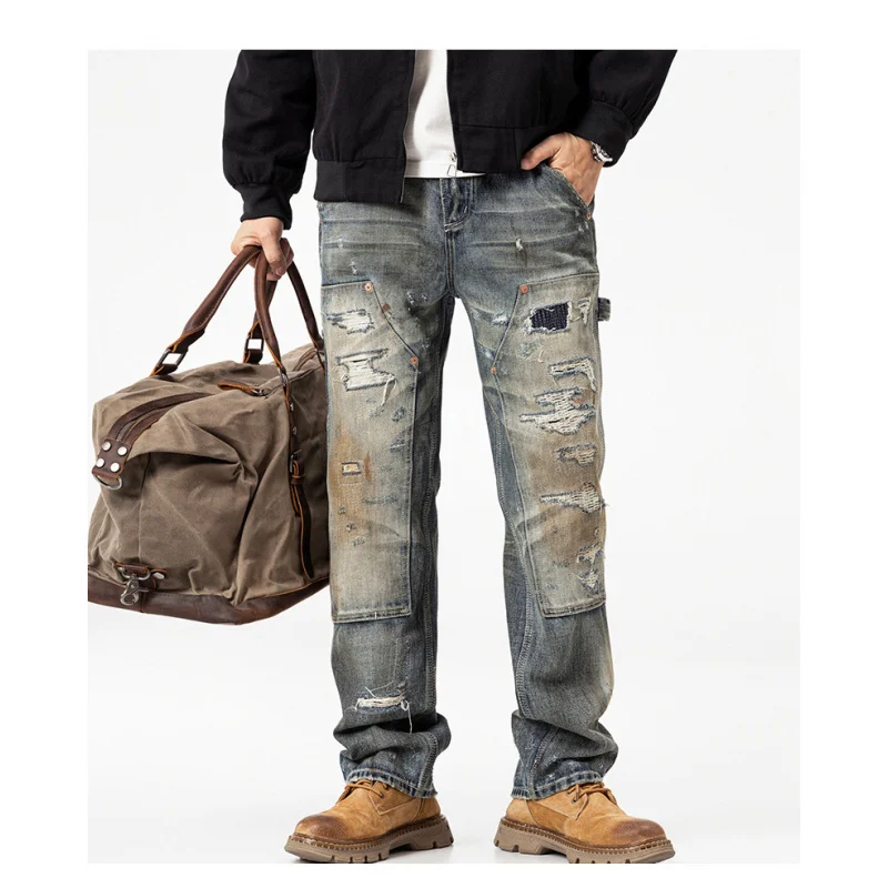 

2025 Autumn New Retro Washed Scratched Broken Hole Jeans Men's Loose Straight Tube Trendy Street Rascal Straight Tube Pants