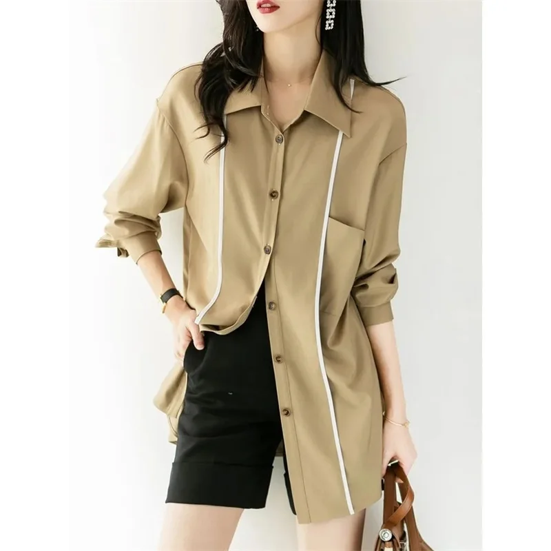 2023 Spring Summer Clothes New Loose Commuter Shirt Mid-Length Design Grade Sense Temperament Outside Casual Hanging Shirt Ladie