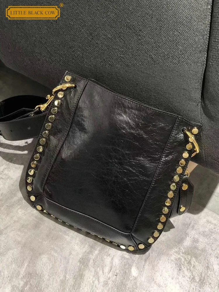 

Oil Wax Cowhide Women Shoulder Bag Fashion Rivets Genuine Leather Single Crossbody Bags Casual Street Black Messenger Bag Female