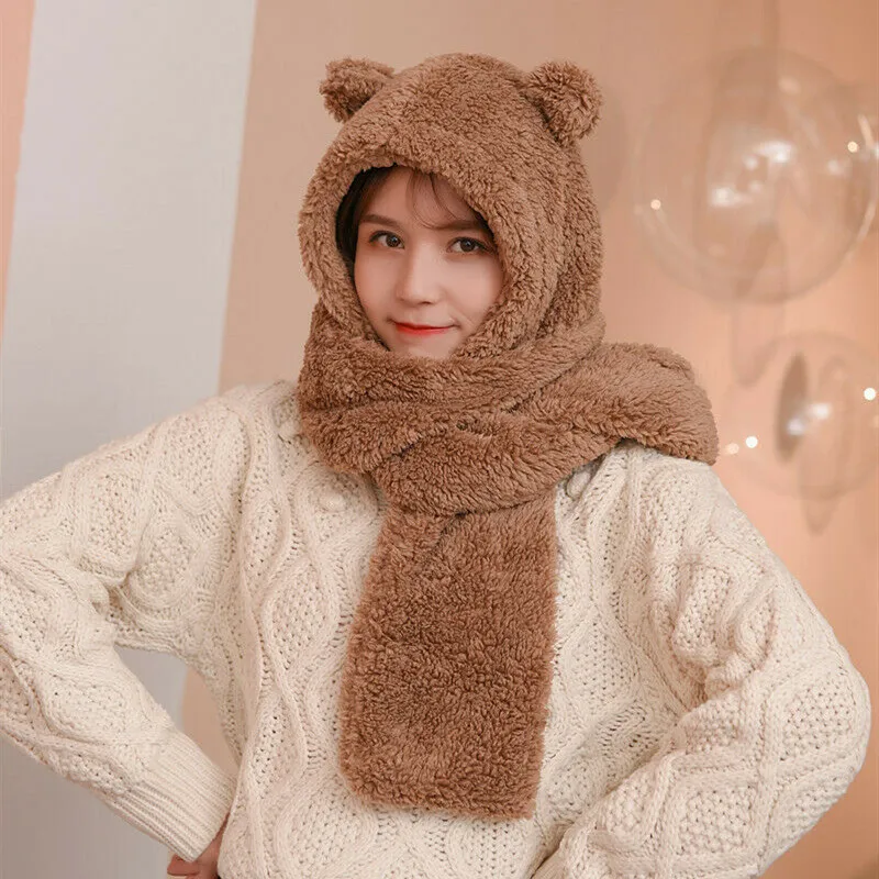 

Winter New Cute Bear Hat Scarf One Two-Piece Thick Plush Warm Scarf Student Girl